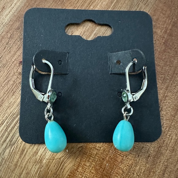 Turquoise Blue w/ Round Stone Above.  Lever Back Earrings. Silver Tone - Picture 3 of 5